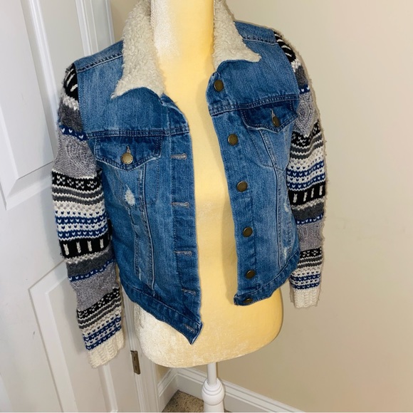 🎉3xHP🎉 Rachel Roy Shearling Denim Jacket Sweater Sleeves XS - Picture 5 of 9
